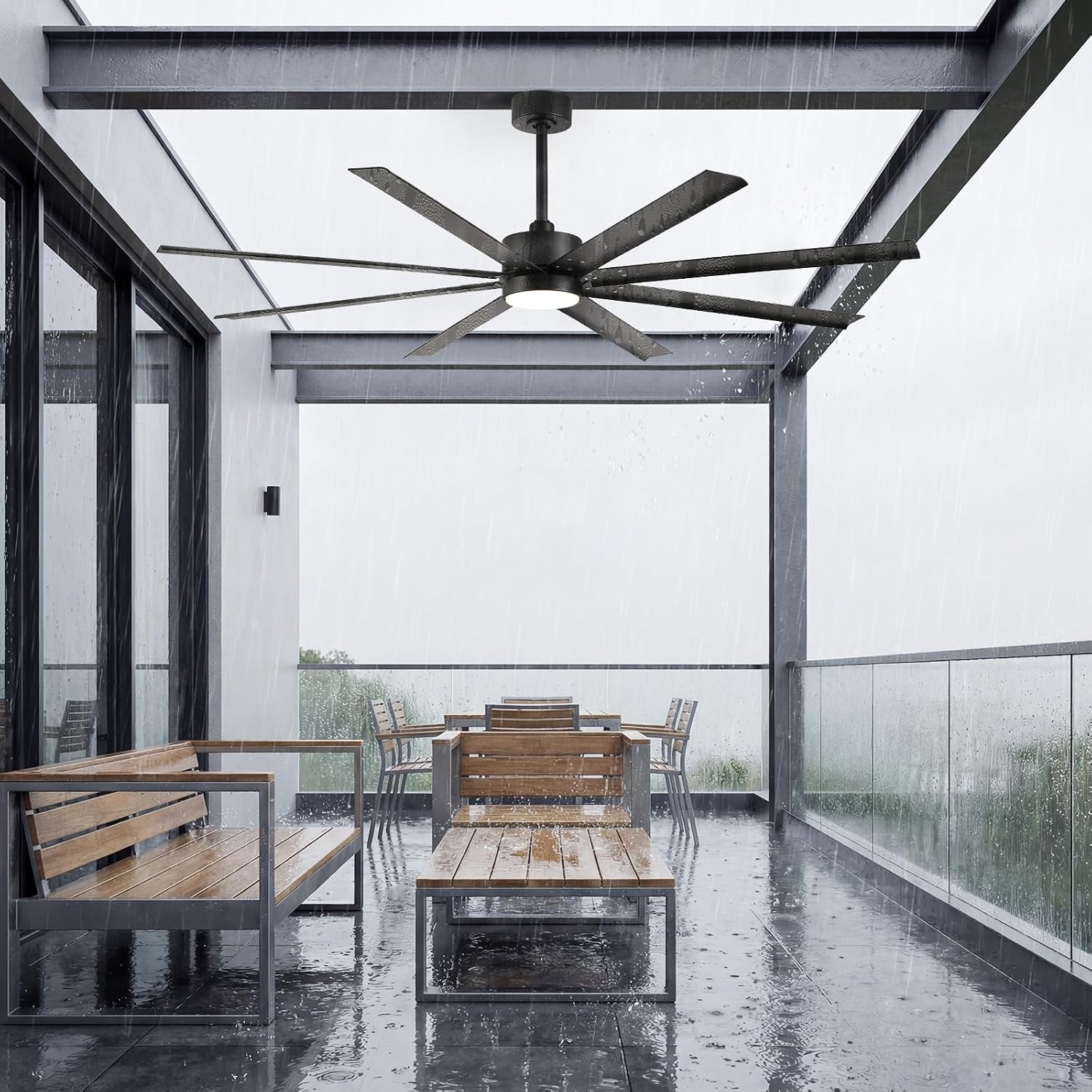 56 Inch Waterproof Outdoor Ceiling Fan with Light, All Weather Wet Rated Smart Fan with Alexa/App/Remote Control, 8 Modern Black Aluminum Blades, High CFM Quiet DC Motor, for Exterior Patio Porch