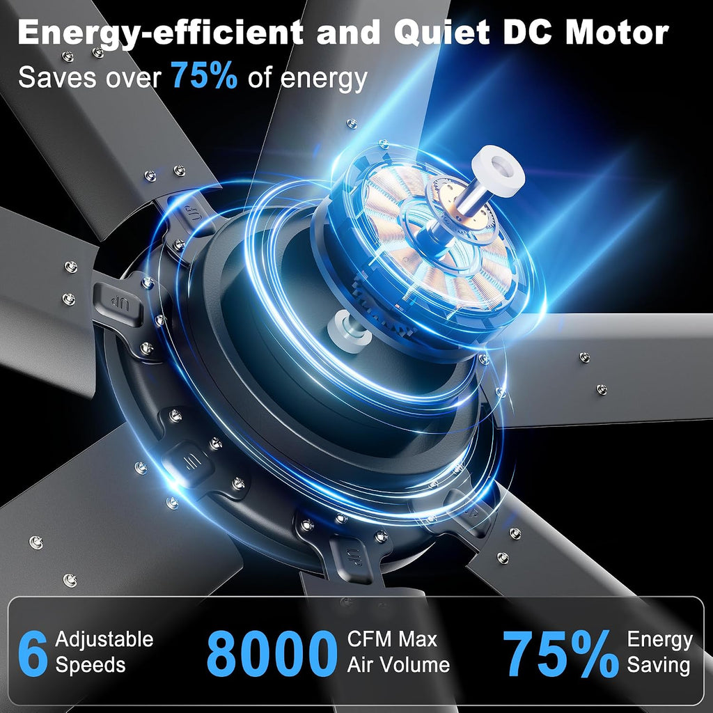 Ohniyou 72'' Ceiling Fan No Light, Black Industrial Ceiling Fan with Remote/APP, Aluminum Blades, 8000 CFM DC Motor for Outdoor Patios, Shop, Garage, Warehouse