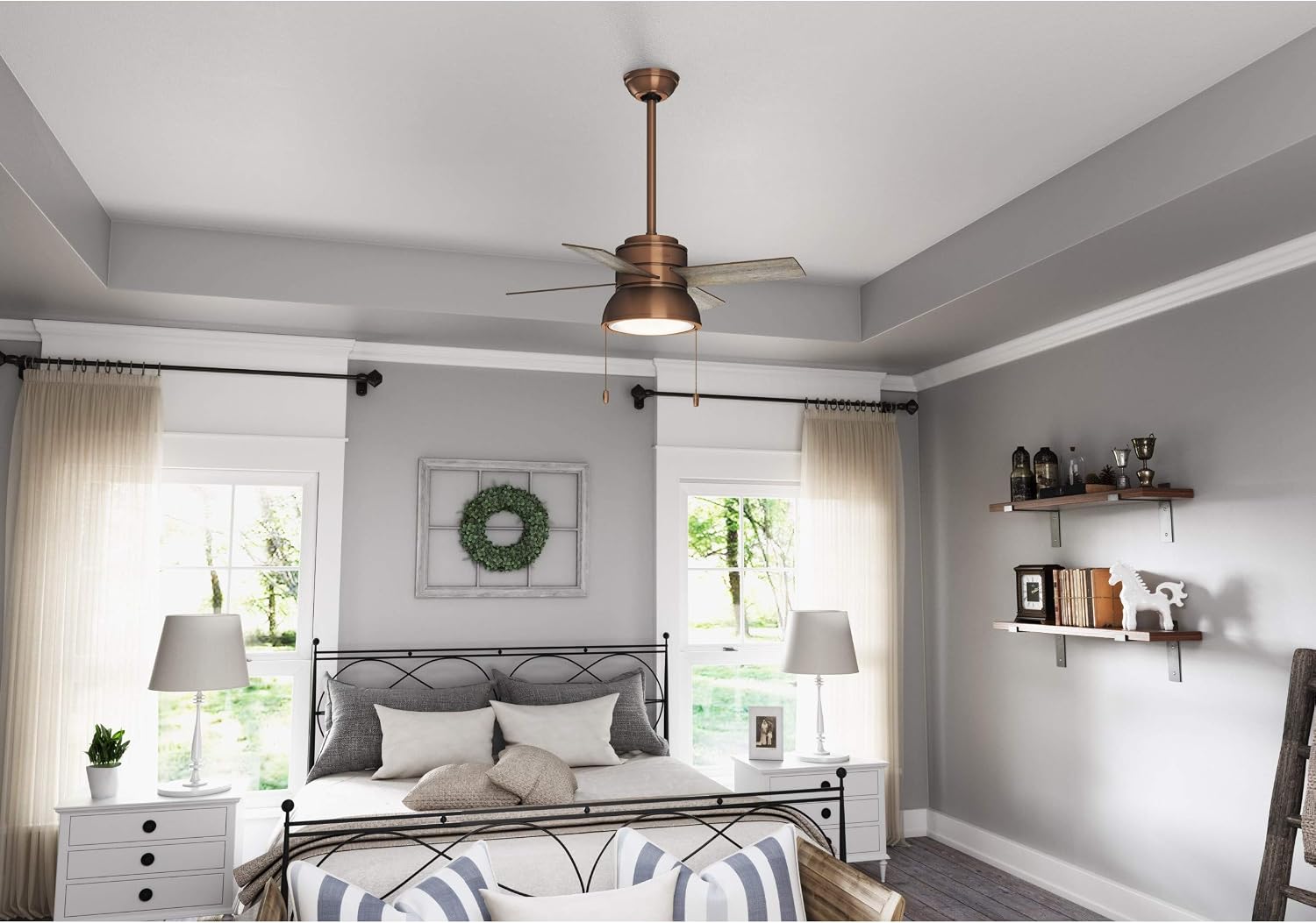 Hunter Fan Company 51042 Loki Indoor Ceiling Fan with LED Light and Pull Chain Control, 36', Weathered Copper Finish