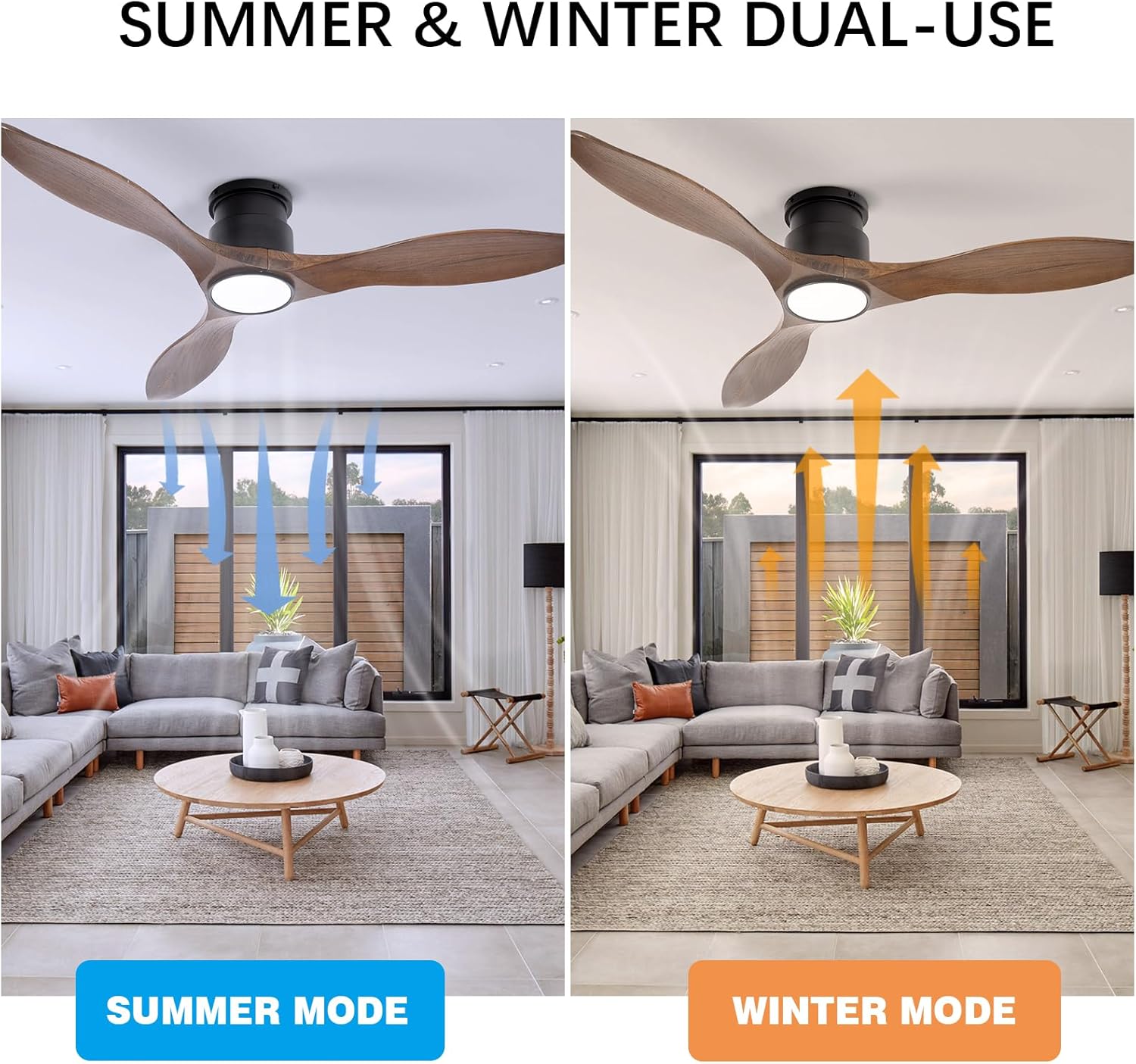52'' Ceiling Fan with Lights and Remote, 3 Blade Amber Wood Low Profile Flush Mount Ceiling Fan Indoor, Reversible 6 Speeds Dimmable LED Light Fan for Bedroom Living Room Farmhouse