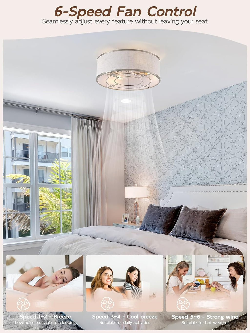 20' Silver Caged Ceiling Fans with Lights, Boho Flush Mount Ceiling Fan with Light and Remote, Bladeless with 6 Speeds for Bedroom, Nursery, Living Room
