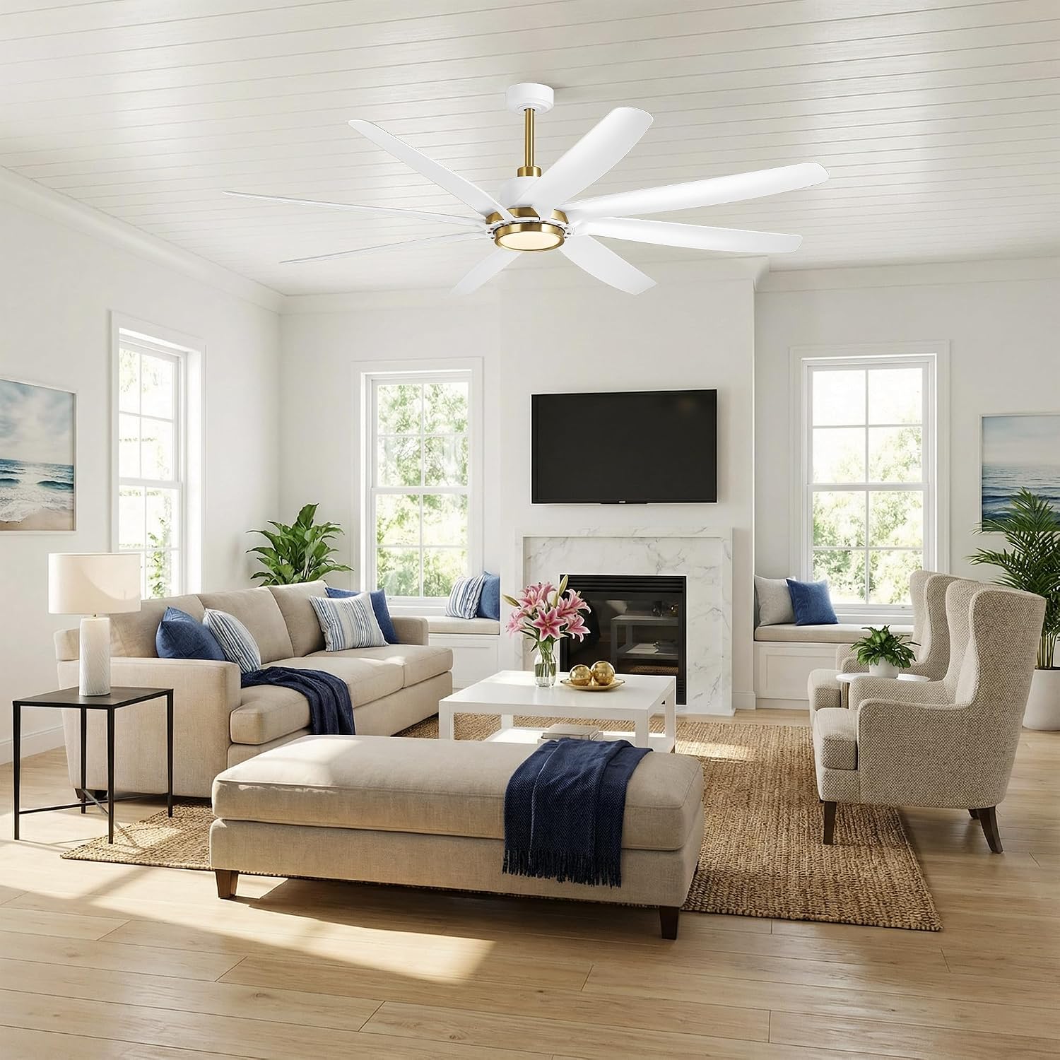 72 Inch Ceiling Fans with Lights and Remote, Industrial Gold White Chandelier Ceiling Fan, Dimmable LED, 6 Speeds Reversible DC Motor, Timer, Lighting Ceiling Fans for Bedroom Living Room