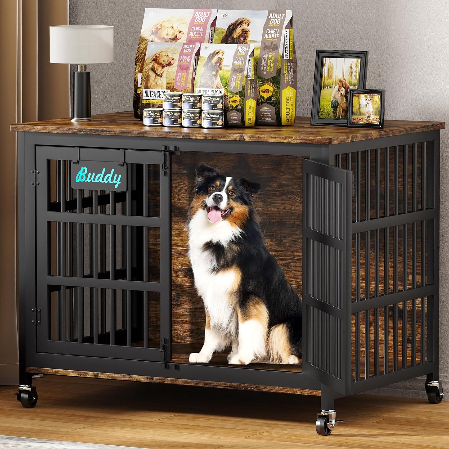 EasyCom 42'/41'/33' Dog Crate Furniture with Name Tag, XL Heavy Duty Dog Kennel Indoor for Large and Medium Dogs, Double-Doors Sturdy Dog Cage for Anxiety Dog, Decorate House as TV Stand