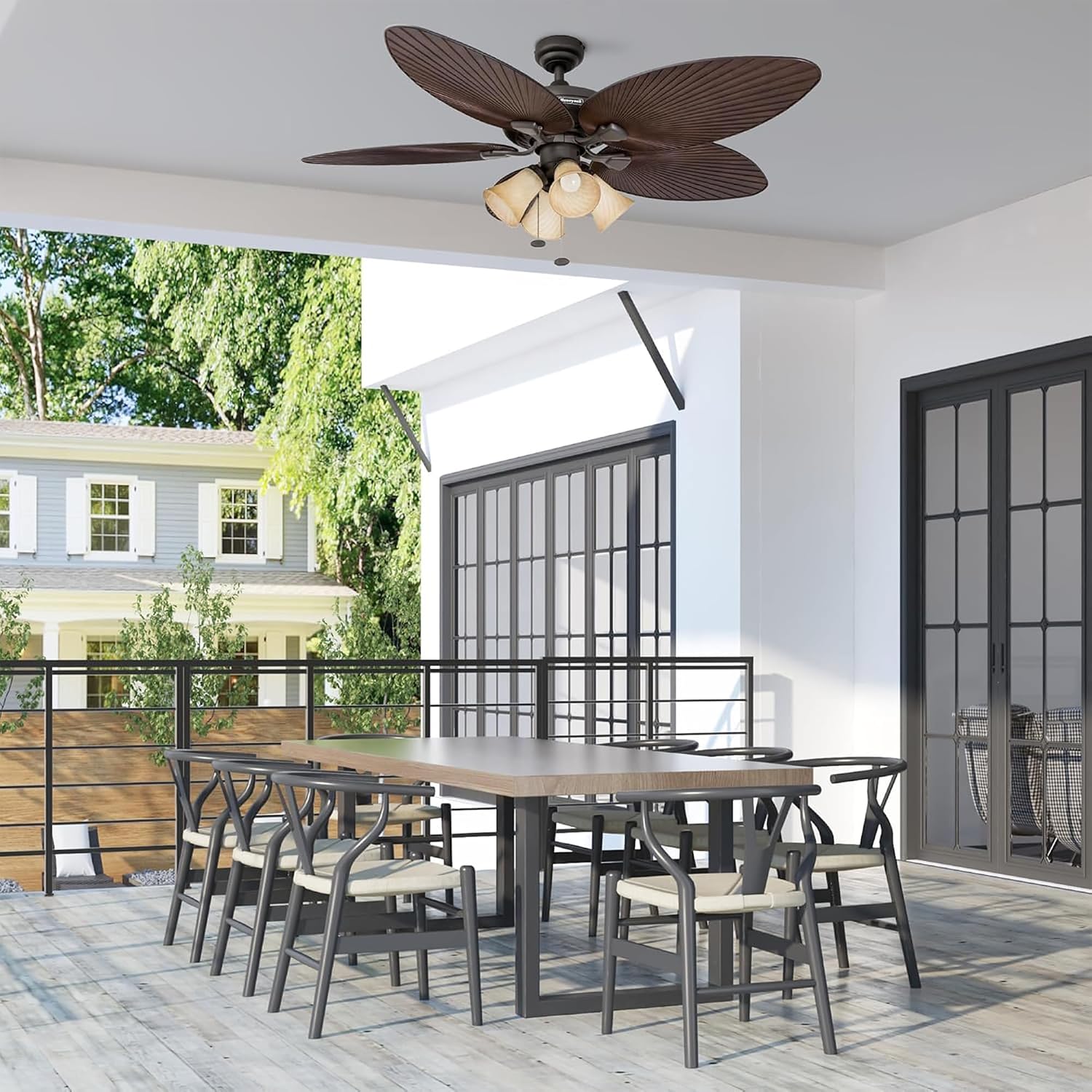 Honeywell Palm Island 52 Inch Tropical Indoor Outdoor Ceiling Fan, LED Light, 5 Palm Leaf Blades, Pull Chain Control, Quiet Motor, Oil Rubbed Bronze