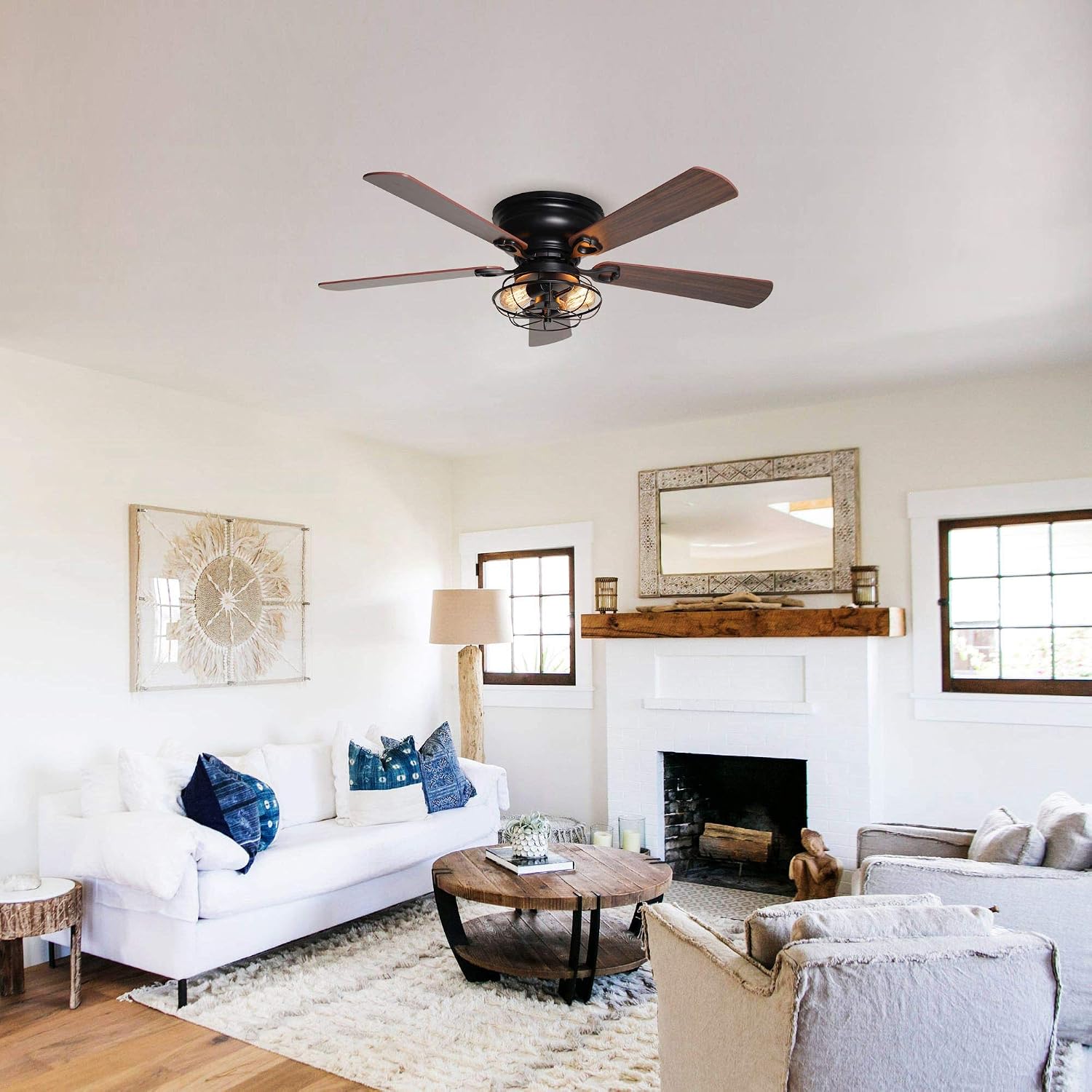 48' Farmhouse Low Profile Ceiling Fan with Light & Remote, Outdoor Flush Mount Ceiling Fans for Bedroom Living Room, 5-Blades 3-Speed Quiet Reversible Motor, Timer Function