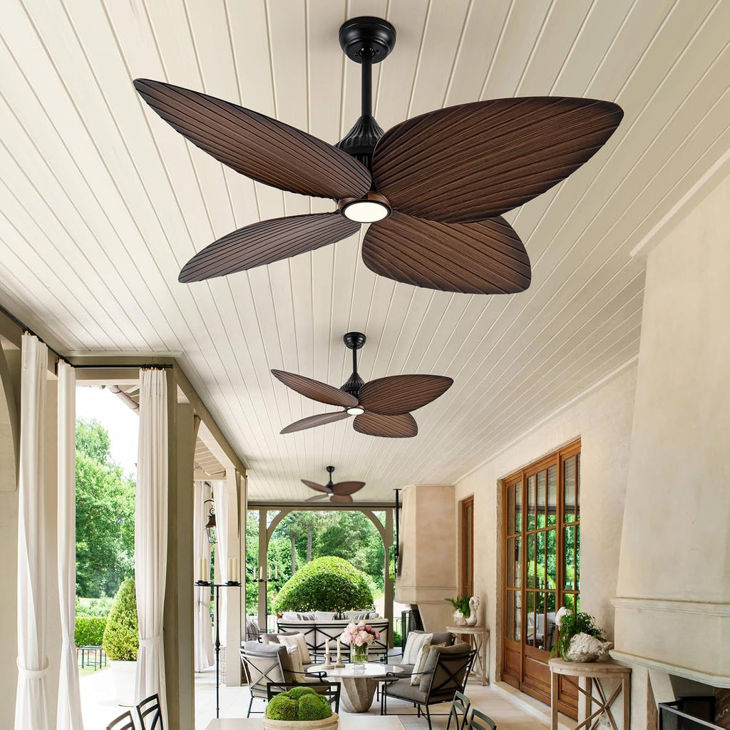 Outdoor Ceiling Fans For Patios With Light Waterproof, 52 Inch Tropical Ceiling Fan, 4 Palm Leaf Blades With Remote For Wet Rated Outside Exterior Porch, Pergola, Gazebo, Island, Black