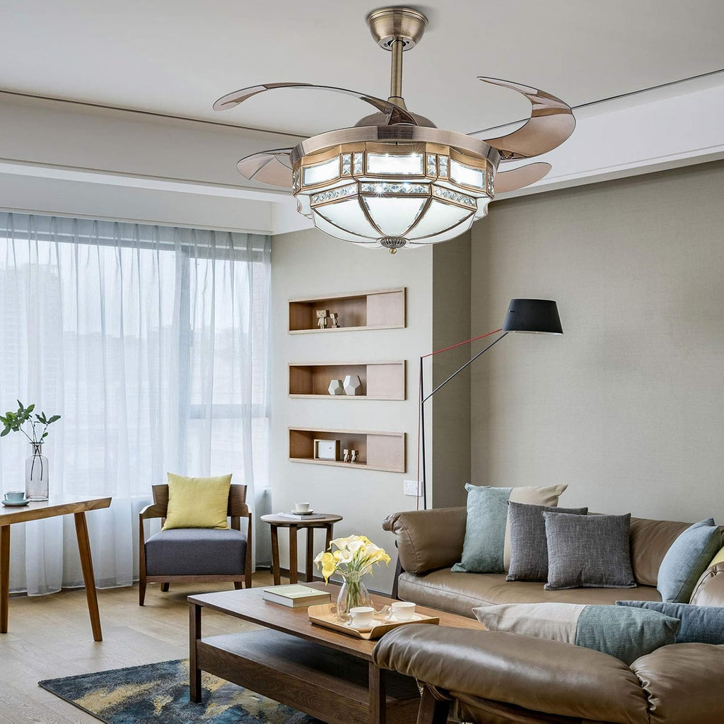 TFCFL 42 Inch Vintage Ceiling Fan Light, Tiffany Style Dimmable Chandelier Fan with Controller 3-Color Lighting 3-Speed Retractable Blades for Bedroom Living Room (Gold)