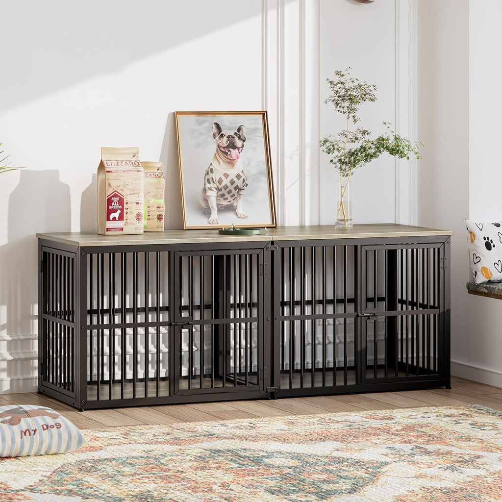 Lyromix 66'' Dog Crate Furniture with Double Rooms,Wooden Crate TV Stand with Removable Divider, Heavy Duty Indoor Puppy Cage Kennel for Small to Medium Dogs, Can Use Separately, Grey