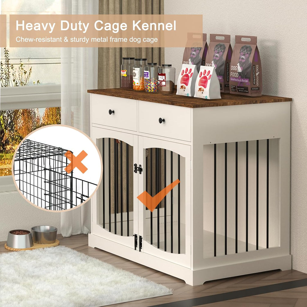 BREEZEHEAT 40 inch Dog Crate Furniture-Farmhouse Dog Kennel with Drawers-End Table Wooden Pet Crate, Double Door Design, Decorative Dog House Indoor for Small Medium Large Dog,Brwon