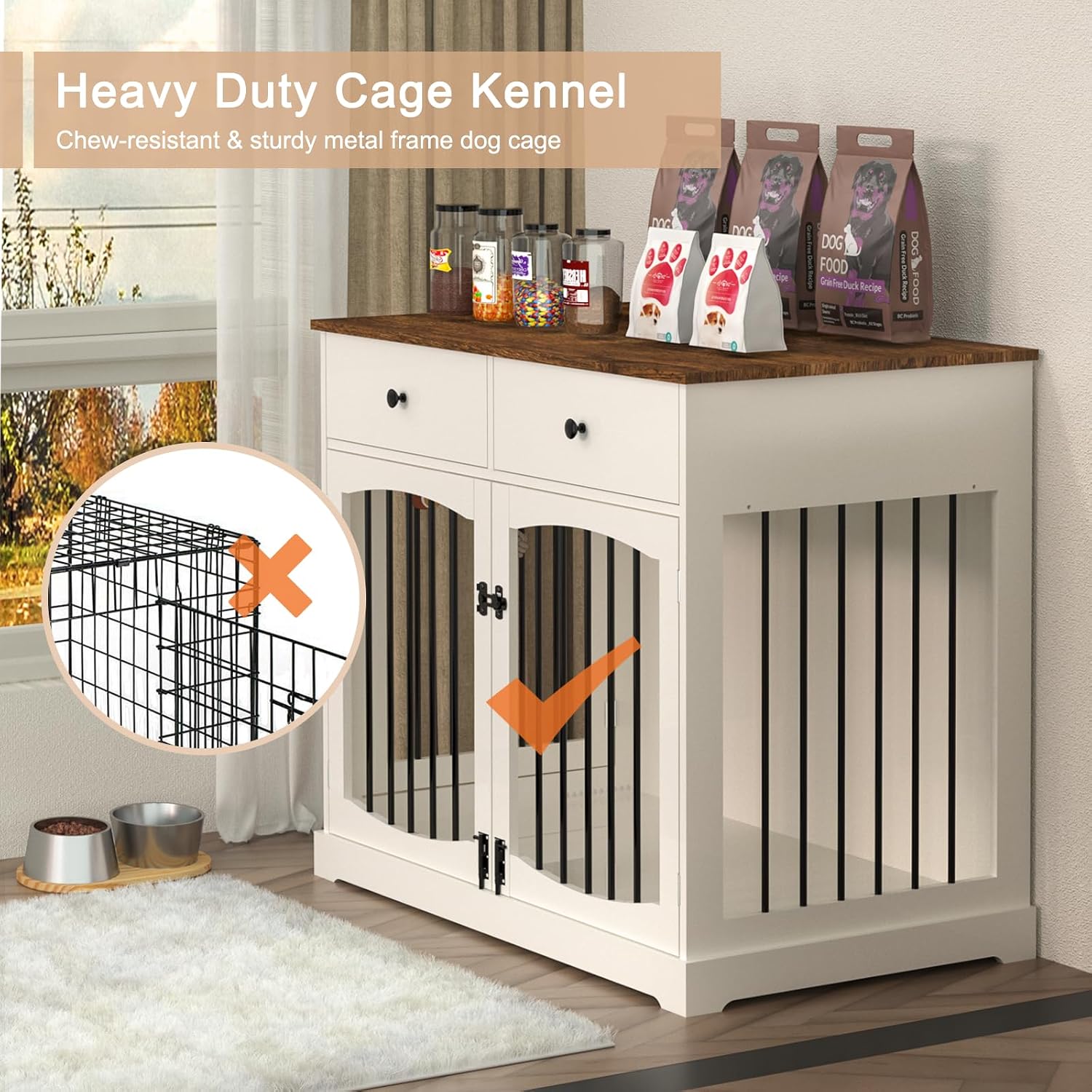 BREEZEHEAT 40 inch Dog Crate Furniture-Farmhouse Dog Kennel with Drawers-End Table Wooden Pet Crate, Double Door Design, Decorative Dog House Indoor for Small Medium Large Dog,Brwon