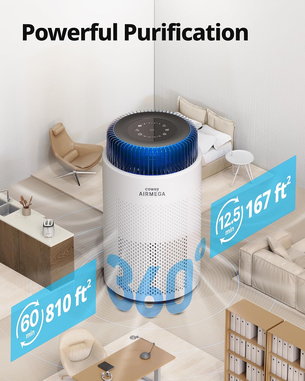 COWAY Air Purifiers for Home up to 810 ft², HEPA and Carbon Filter for Smoke, Allergies, Pet Dander, Odor, AQI Monitor, Auto Mode, Timer, Filter Indicator, Night Light, 2yr Warranty, Airmega 100 White