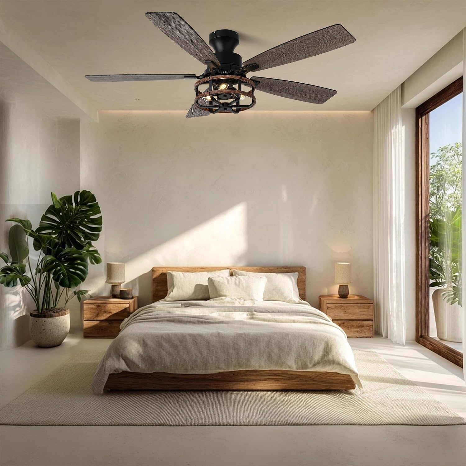 52' Farmhouse Ceiling Fans with Lights and Remote,Chandelier Ceiling Fan with 5 Double Colour Blades Reversible DC Motor,Rustic Caged Ceiling Fan for Living Room,Dining Room,Bedroom