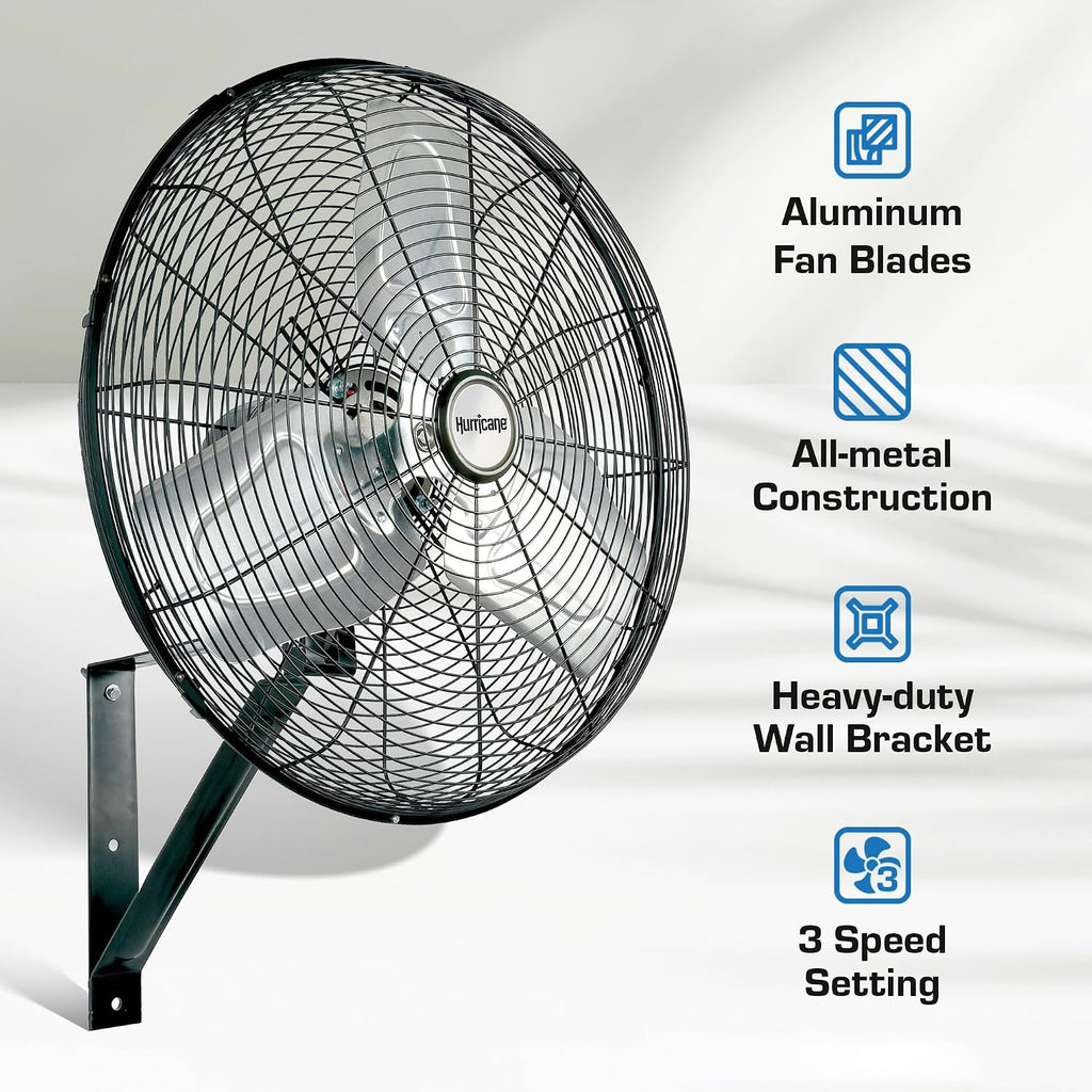 Hurricane Pro Commercial Grade Oscillating Metal Wall Mount Fan w/ 3 Speeds, Black, 20' - Corded Electric Air Cooling Unit w/ Powerful 4600 CFM Airflow for Home, Garage, Gym, Workshop & Greenhouse