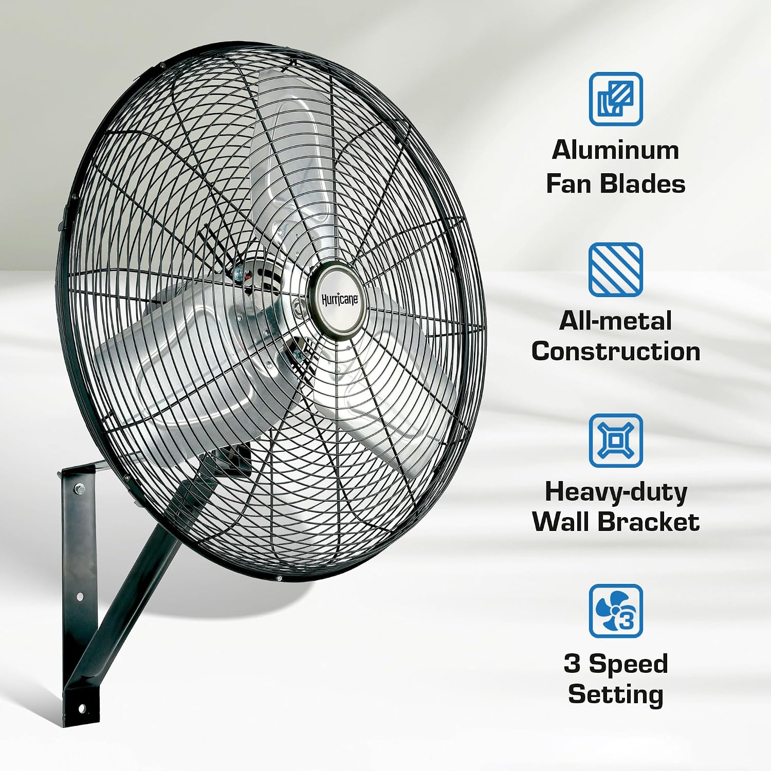 Hurricane Pro Commercial Grade Oscillating Metal Wall Mount Fan w/ 3 Speeds, Black, 20' - Corded Electric Air Cooling Unit w/ Powerful 4600 CFM Airflow for Home, Garage, Gym, Workshop & Greenhouse