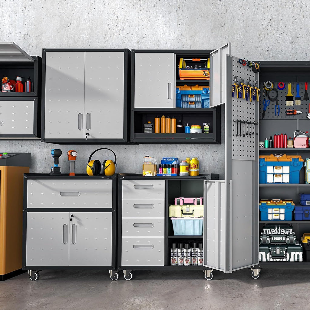 Garage Storage Cabinet System 4pcs Heavy Duty Workshop Set Lockable Rolling Tool Cabinets with Adjustable Shelves Metal Garage Storage Cabinets