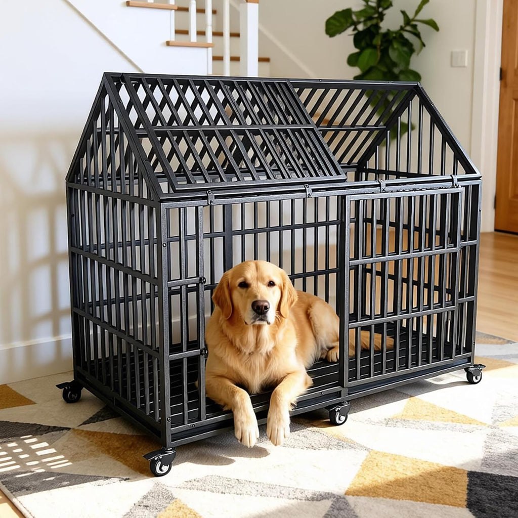 Heavy Duty Dog Crate Cage Kennel 64 inch Sturdy Durable Safe for High Anxiety Giant Extra Large Breeds Dog Pet XL XXL,Lockable Wheels, Removable Trays