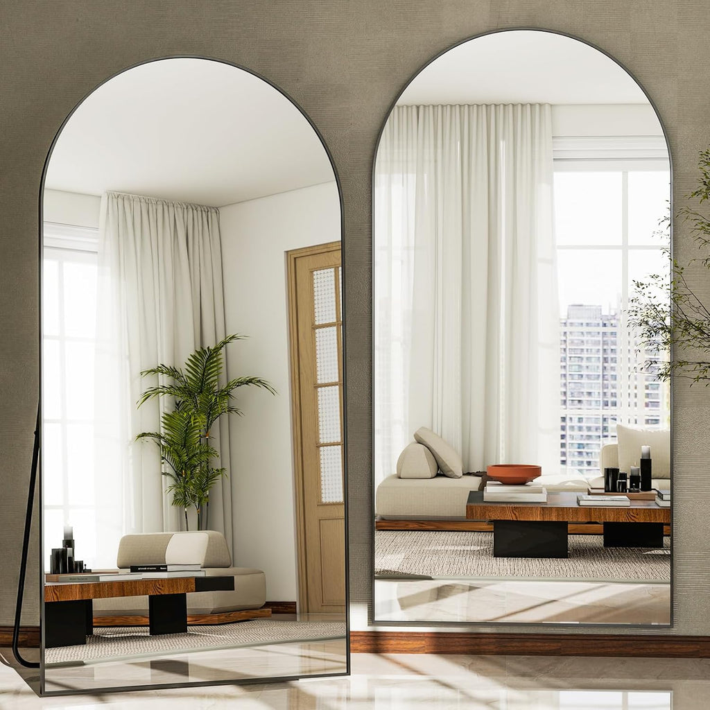 GLSLAND-30x71 inch Wall Mount Arched Full Length Mirror-Aluminum Alloy Frame High Definition-Full Body Mirror for Bedroom or Living Room,Black