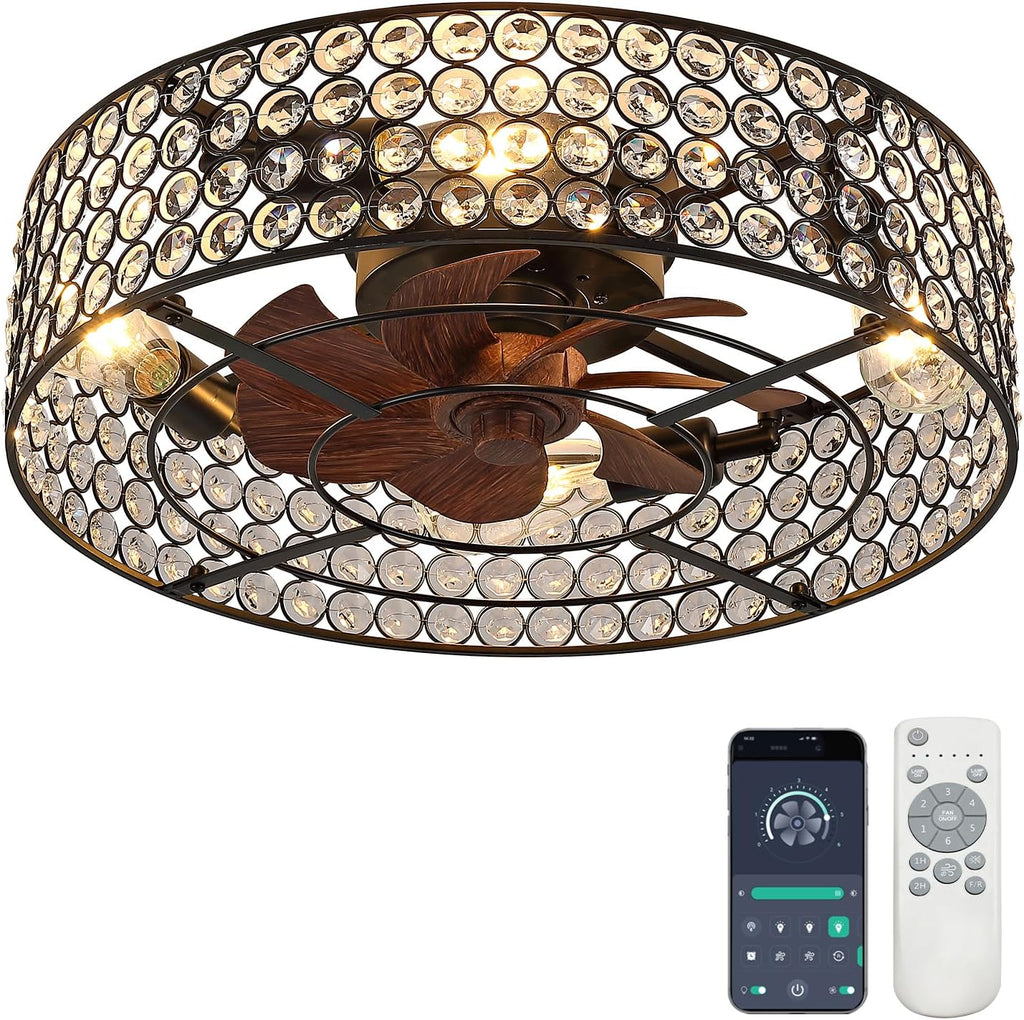 Modern Chandelier Crystal Ceiling Fans with Lights and Remote, 20-Inch Low Profile Bladeless Flush Mount Caged Ceiling Fan for Bedroom, Kitchen,Living Room,Small Ceiling Fan with Light with 6 Speed