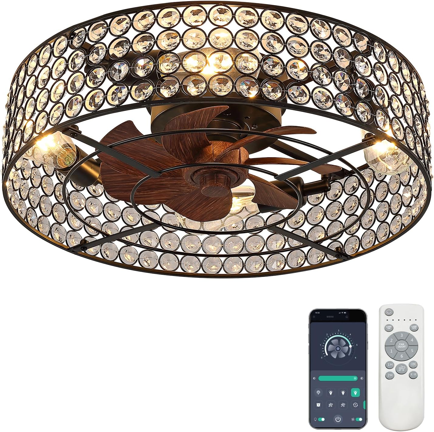 Modern Chandelier Crystal Ceiling Fans with Lights and Remote, 20-Inch Low Profile Bladeless Flush Mount Caged Ceiling Fan for Bedroom, Kitchen,Living Room,Small Ceiling Fan with Light with 6 Speed
