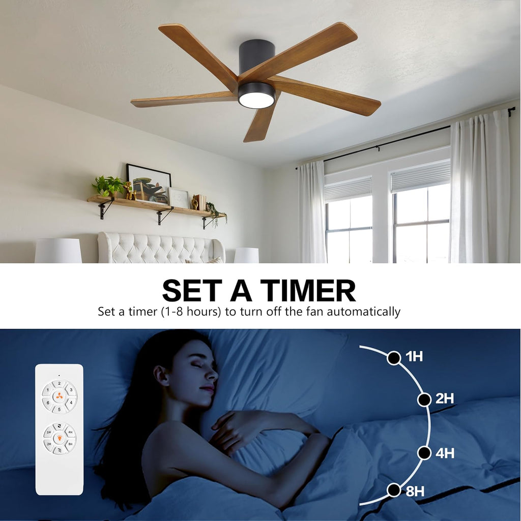 WINGBO 48 Inch Flush Mount DC Ceiling Fan with Lights and Remote, 5 Reversible Carved Wood Blades, 6-Speed Noiseless DC Motor, Hugger Ceiling Fan in Matte Black Finish with Walnut Blades, ETL Listed