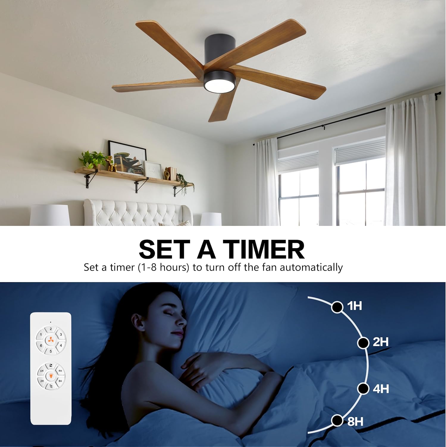 WINGBO 54 Inch Flush Mount DC Ceiling Fan with Lights and Remote, 5 Reversible Carved Wood Blades, 6-Speed Noiseless DC Motor, Hugger Ceiling Fan in Matte Black Finish with Walnut Blades, ETL Listed