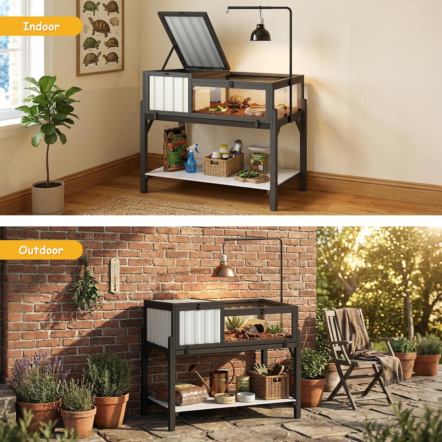 PetsCosset Indoor Tortoise Habitat with Storage Shelf & Adjustable Metal Light Stand, Modern Tortoise Enclosure with PVC Shelter, Elevated Tortoise Table for Sulcata, Hermann's & Russian Tortoises
