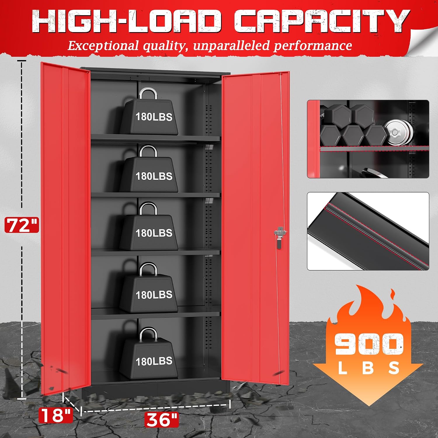 Bonusall 72' Metal Garage Storage Cabinet， Heavy-Duty Steel Cabinet with 2 Locking Doors & 5 Adjustable Shelves for Home