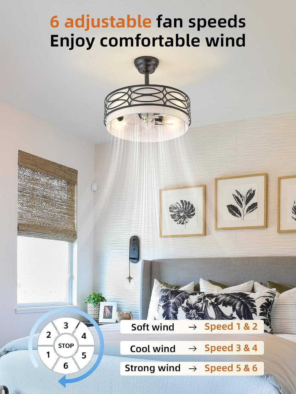 20' Black Farmhouse Ceiling Fan with Light, Caged Fandelier Ceiling Fans with Lights Remote Control with 6 Speeds for Bedroom, Living Room, Nursery