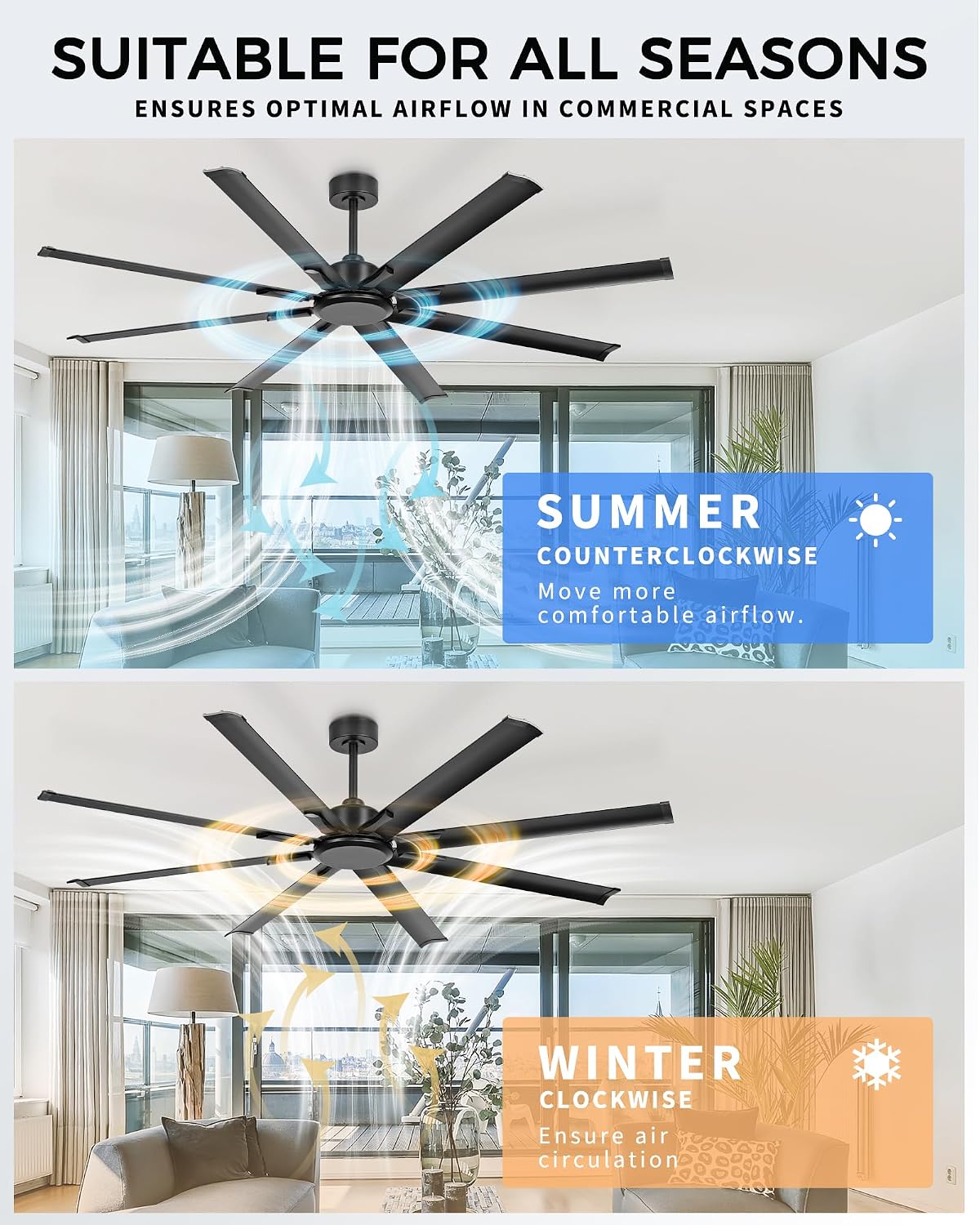 72 Inch Industrial Ceiling Fan Without Light, Matte Black Outdoor Model for Covered Areas, 8 Aluminum Blades, Powerful Airflow, Modern No-Light Design, CF04NBK-72
