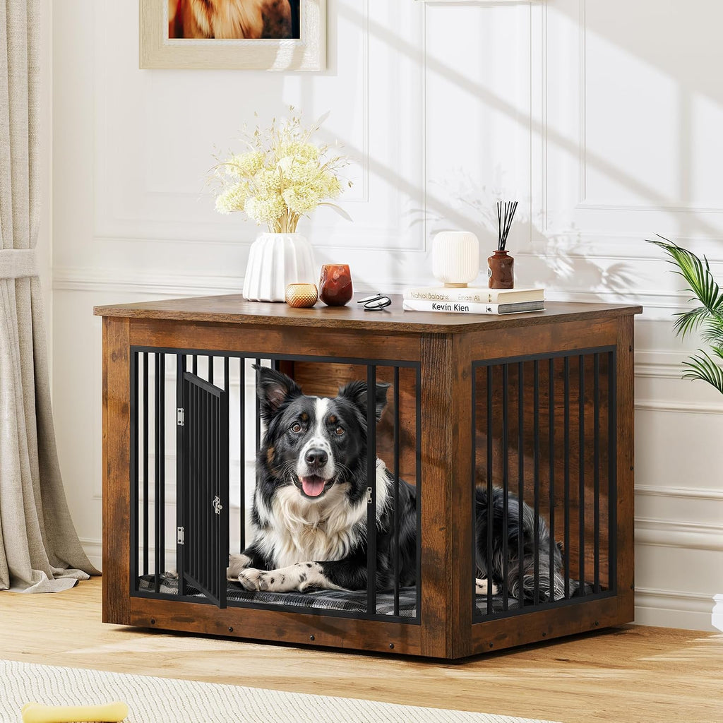 YITAHOME Dog Crate Furniture for Large Dogs, Side End Table, Modern Dogs Kennel Indoor up to 60 lb, 2-in-1 Iron-Wood Fusion Dog Cage with Waterproof Top, Safety Corners, Steel Lock,38'L, Rustic Brown