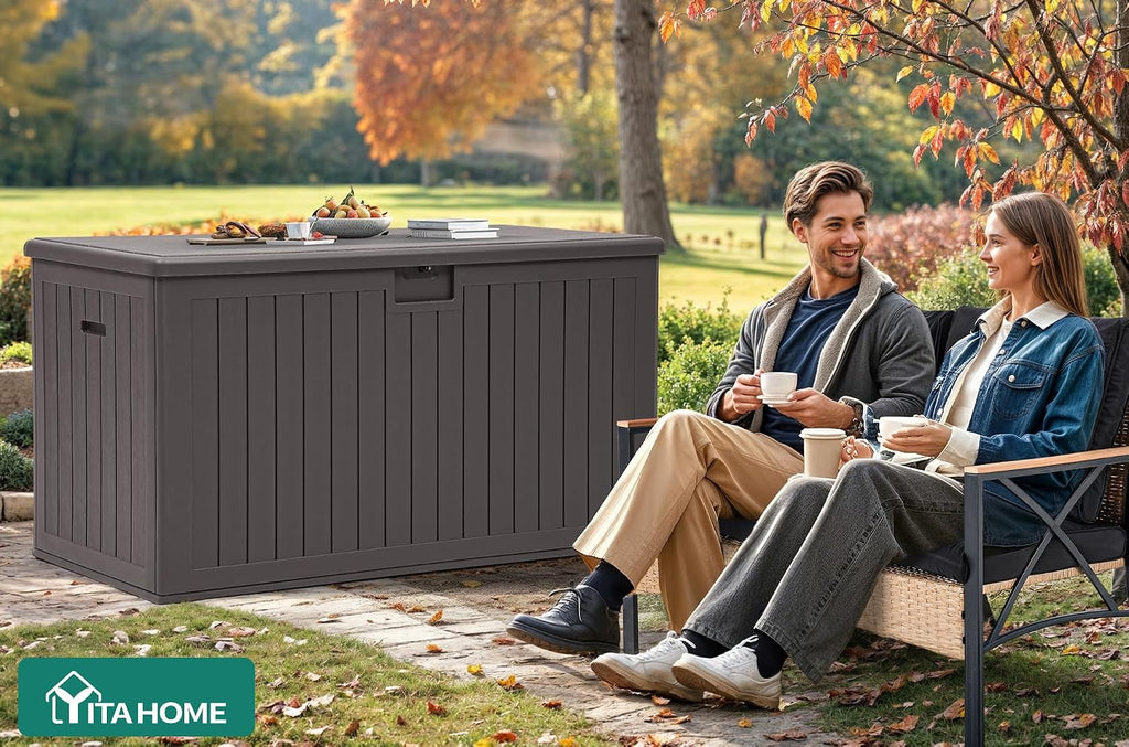 YITAHOME 220 Gallon Double-Wall Deck Box with Divider & Side Handles, Outdoor Large Storage for Patio Furniture Cushions, Garden Pool Accessories, Water Resistant & Lockable