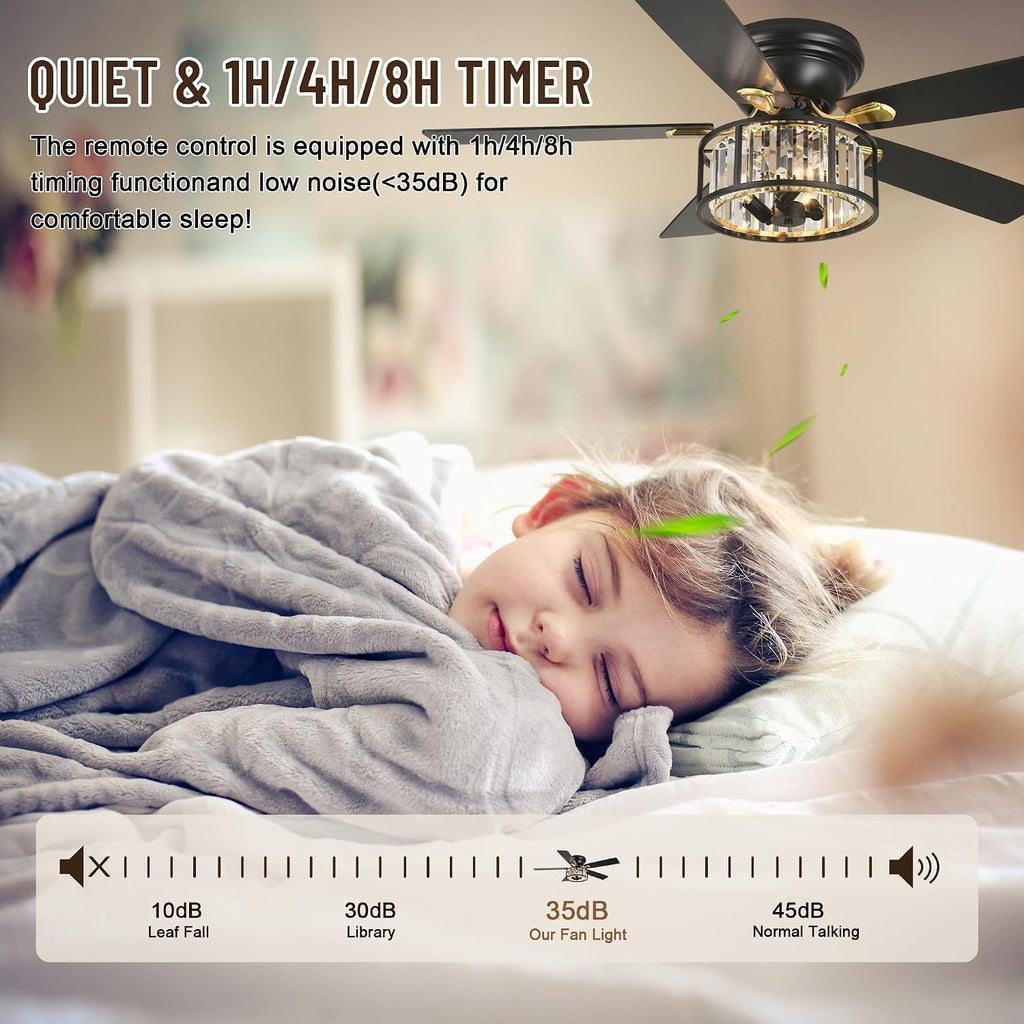 52' Crystal Farmhouse Ceiling Fan with Lights and Remote,Flush Mount Ceiling Fan,Chandelier with 5 Reversible Blades,3 E12 Base Lights,Quiet Motor for Living Room,Dining Room,Bedroom