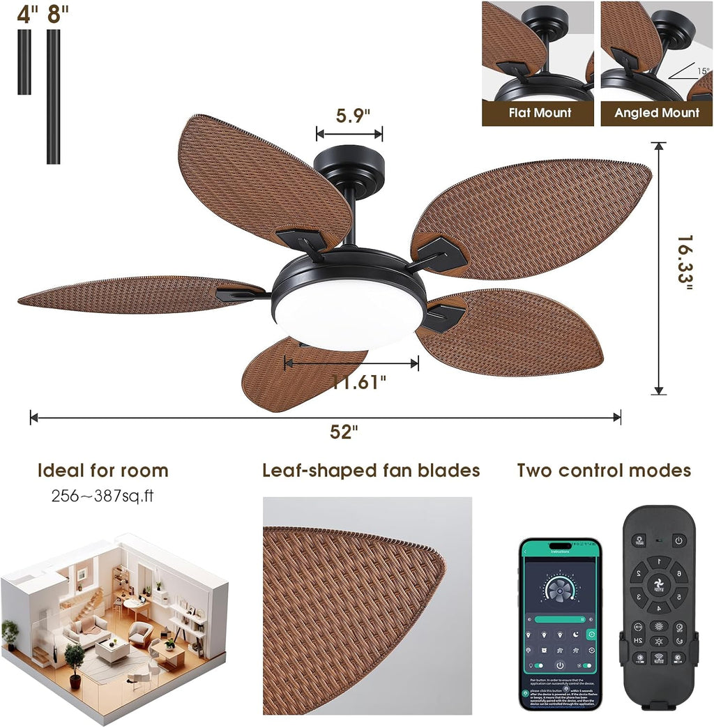 PHORUS 52' Tropical Outdoor Ceiling Fans with Lights and Remote,Palm Leaf Ceiling Fan for Patios Porch Patio, Dimmable, 6 Speeds, Reversible, Dark Brown