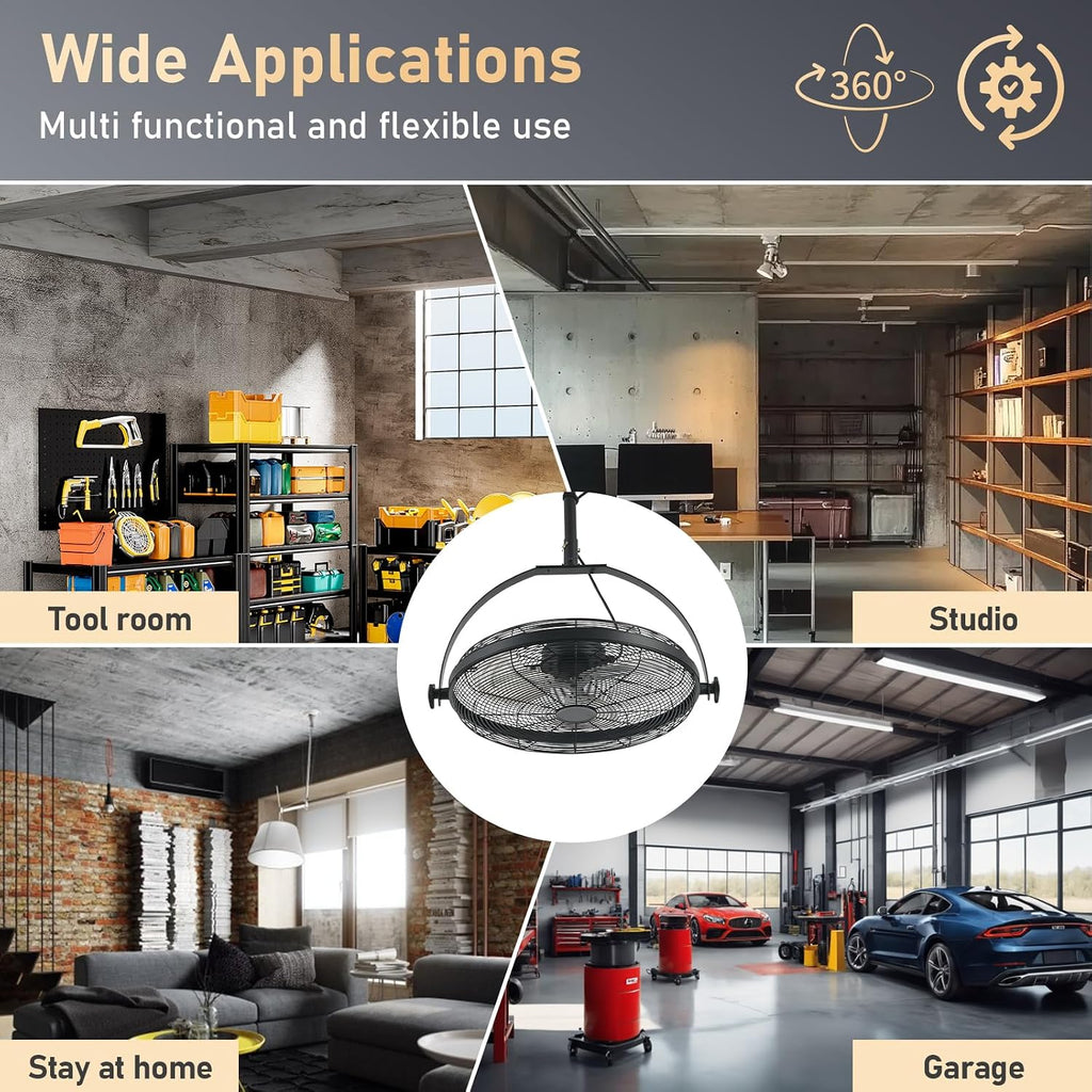 AHAWILL 22.8' Gazebo Patio Outdoor Fan - 360 Rotatable Fixed Angle, Plug-in, 6 Speeds, Timer & Reversible, 2-in-1 Hanging/Standing for Tool Room,Garage.