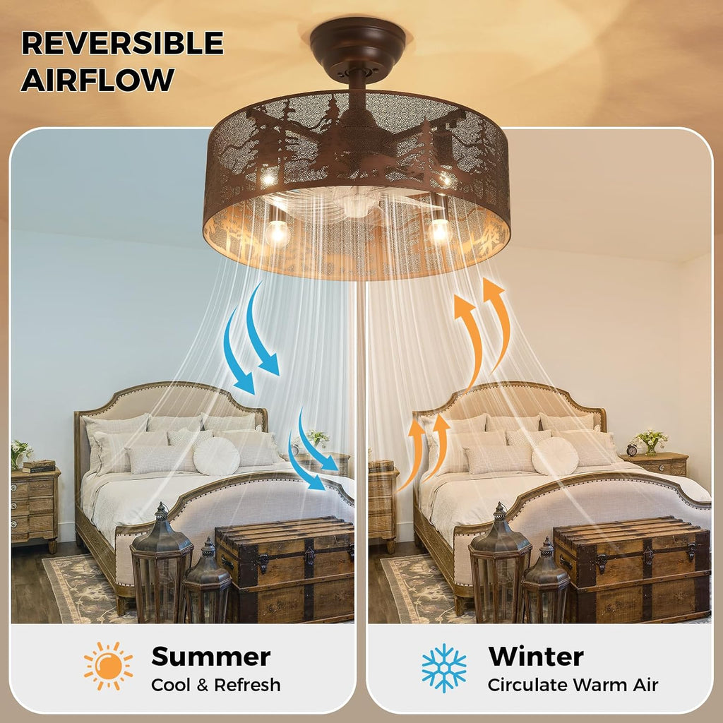 Rustic Farmhouse Ceiling Fan with Light and Remote, Brushed Bronze Round Vintage Industrial Metal Fandelier, Bear and Deer Design Rustic Ceiling Fan for Living Room, Bedroom, Cabin