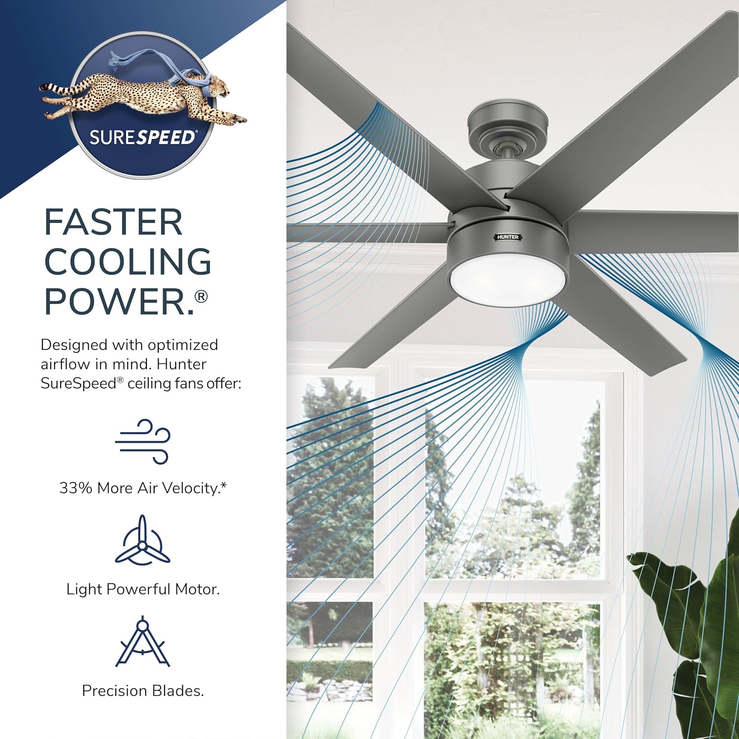 Hunter 60 inch Outdoor or Indoor Ceiling Fan with LED Light - Black Ceiling Fan with Wall Control, For Patio, Garage, or Porch, Quiet, Standard Mount, 6 Blades - Solaria 59624, Matte Black