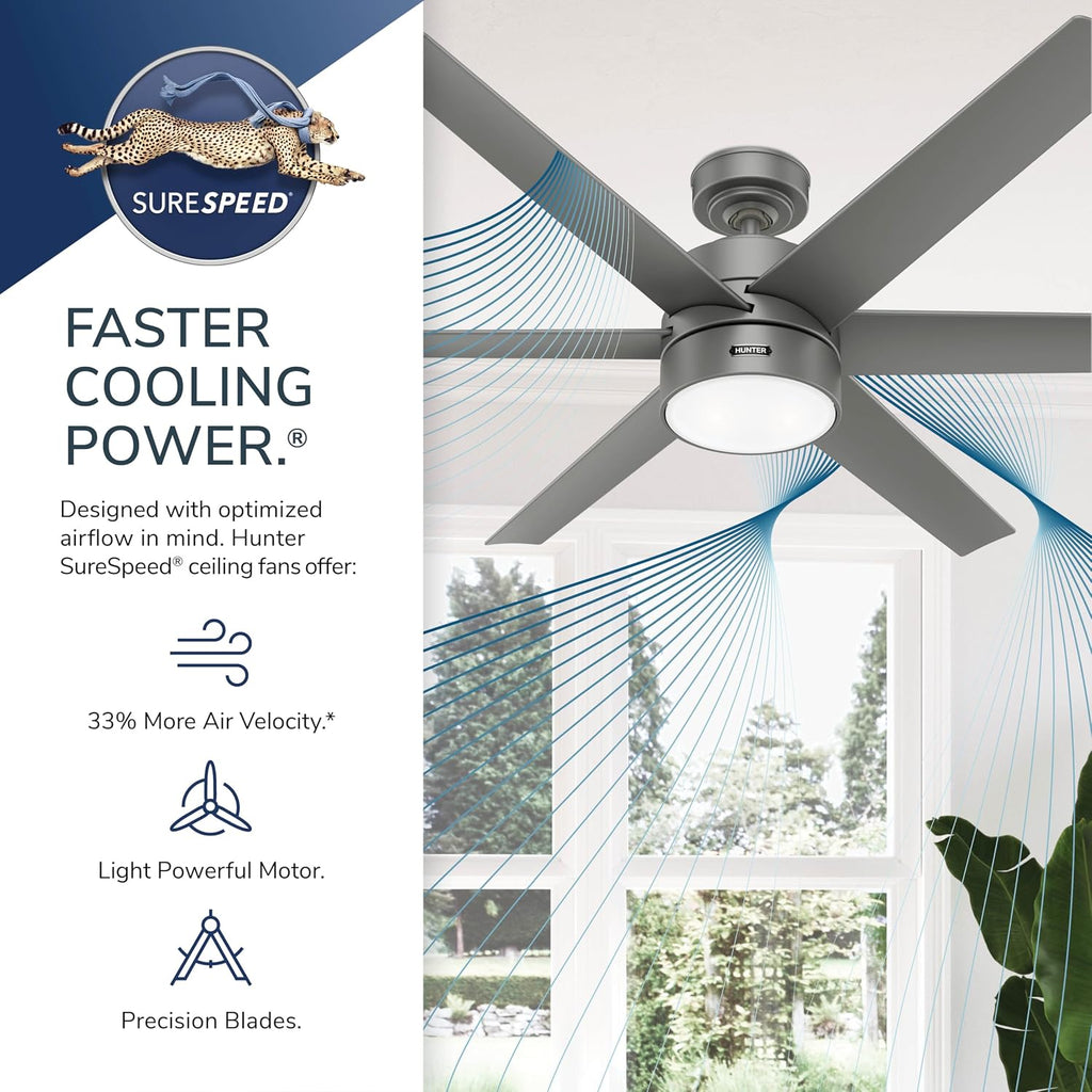 Hunter 60 inch Outdoor or Indoor Ceiling Fan with LED Light - White Ceiling Fan with Wall Control, For Patio, Garage, or Porch, Quiet, Standard Mount, 6 Blades - Solaria 51476, Fresh White