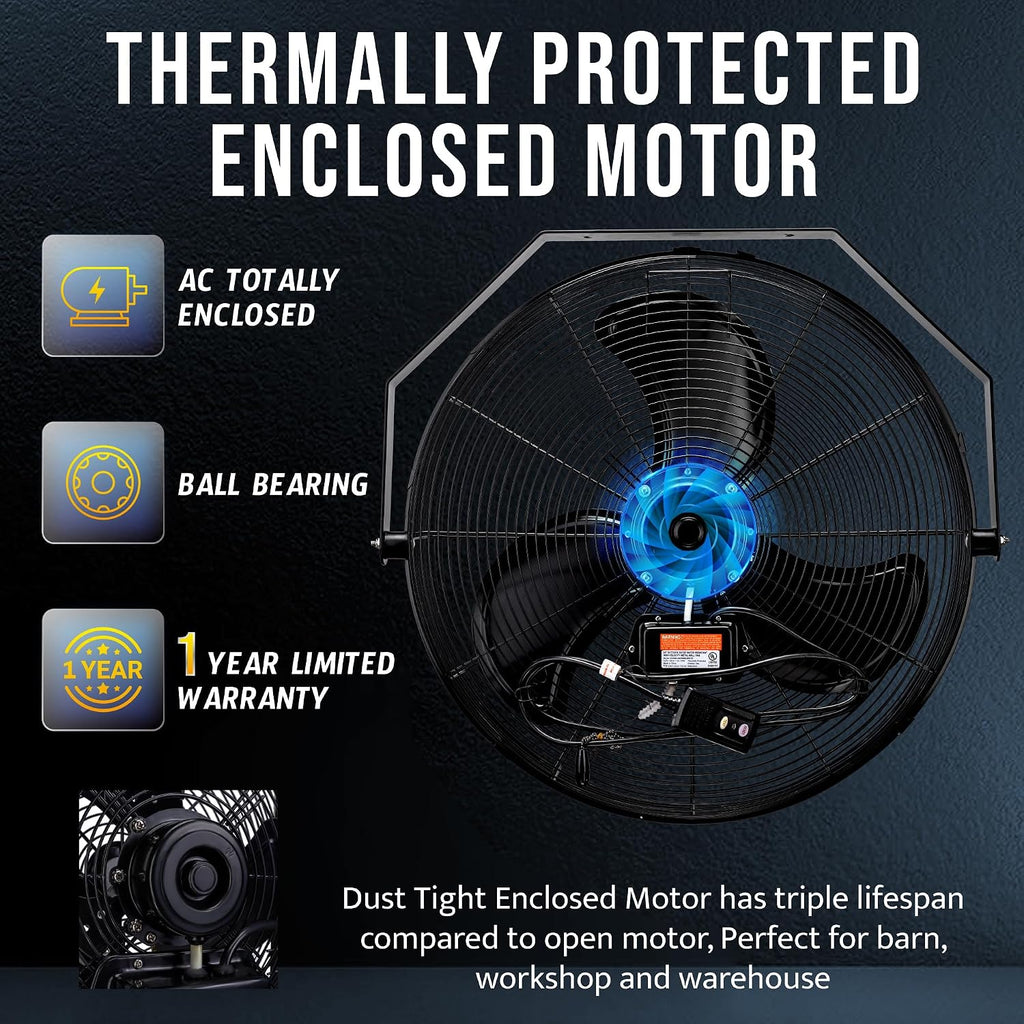 Tornado 24 Inch Outdoor Wall Mount Fan, 3-Speed High Velocity Metal Wall Fan – IPX4 Water-Resistant, 7700 CFM, UL Safety Listed, Ideal for Commercial, Industrial and Residential, Black