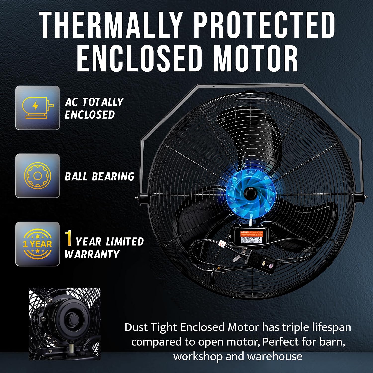 Tornado 24 Inch Outdoor Wall Mount Fan, 3-Speed High Velocity Metal Wall Fan – IPX4 Water-Resistant, 7700 CFM, UL Safety Listed, Ideal for Commercial, Industrial and Residential, Black