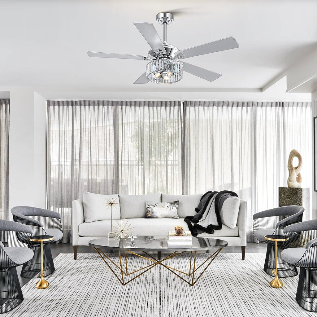 52' Ceiling Fan with Crystal Light Remote Control, 5 Reversible Blades, Quiet DC Motor, 6-Speed, Timer, Modern Crystal Caged Ceiling Fan Chandelier for Bedroom Living Room, Chrome