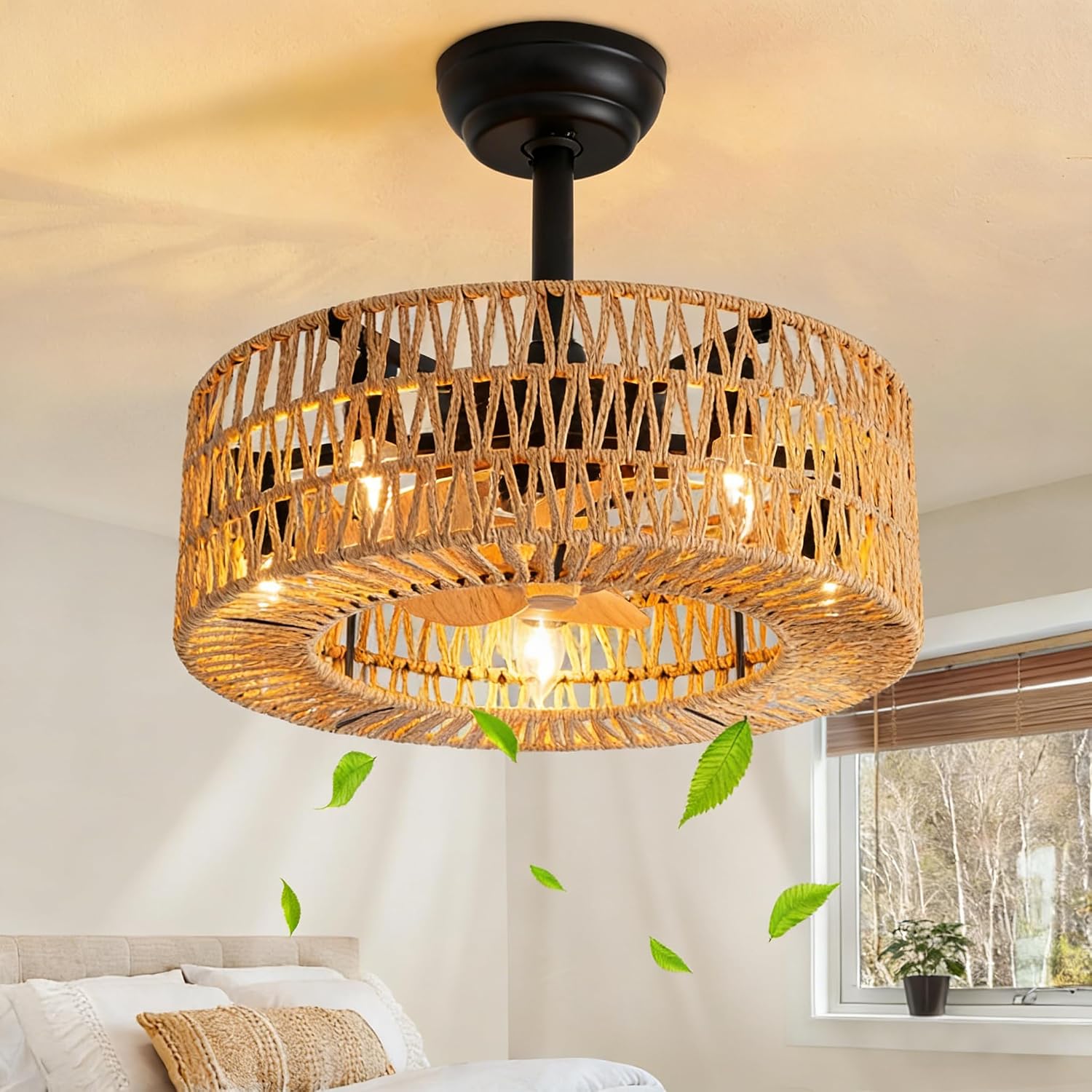Boho Caged Ceiling Fan with Light, 18 inch Rattan Ceiling Fan with Light, Boho Fandelier, Farmhouse Fandelier Low Profile Cei ling Fan for Bedroom Kitchen Living Room Kids Room