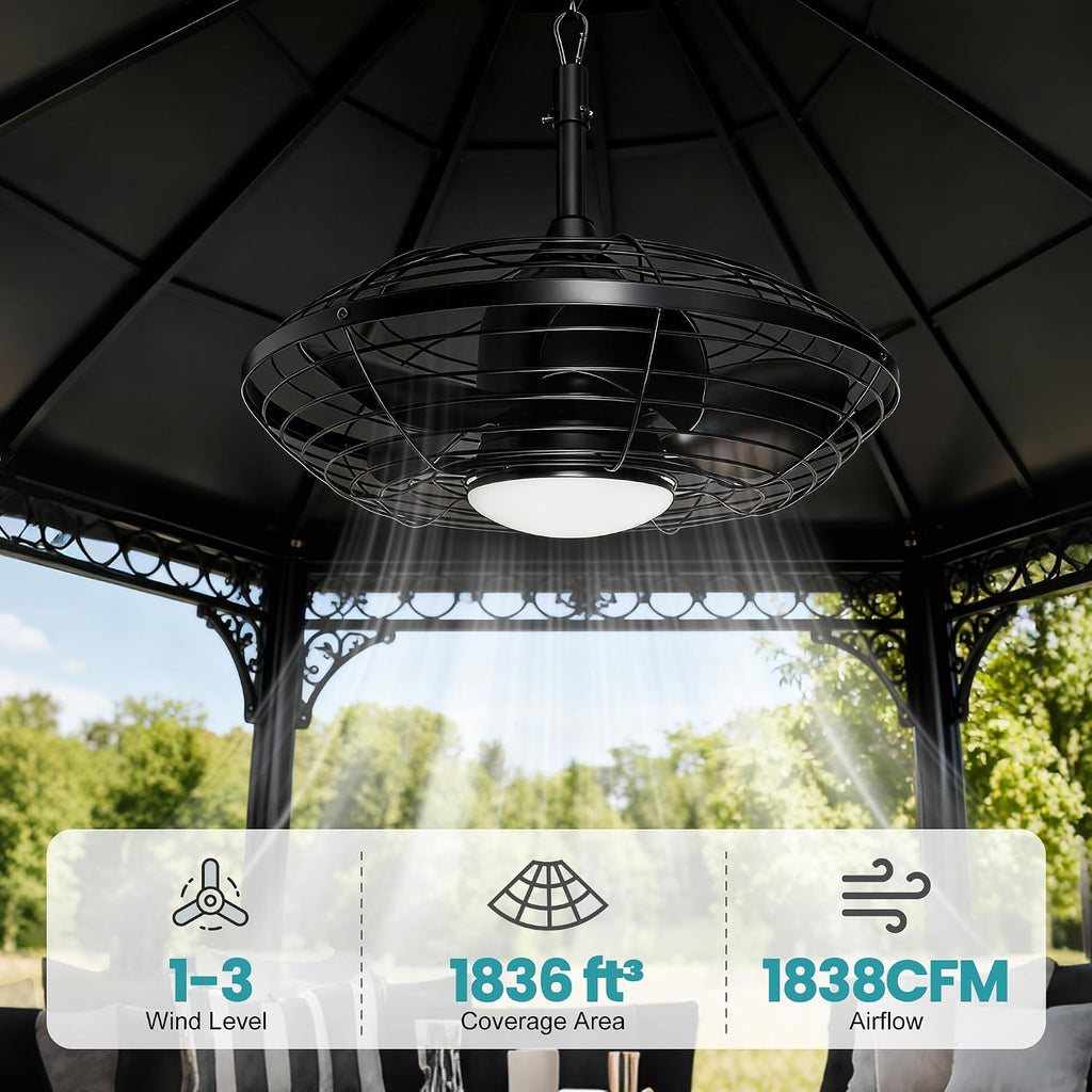 Solar Ceiling Fan Waterproof, 20'' Outdoor Ceiling Fan with Light & Battery, Solar Powered Fans Metal Caged Design for Gazebo, Patios, Pergola, Porch