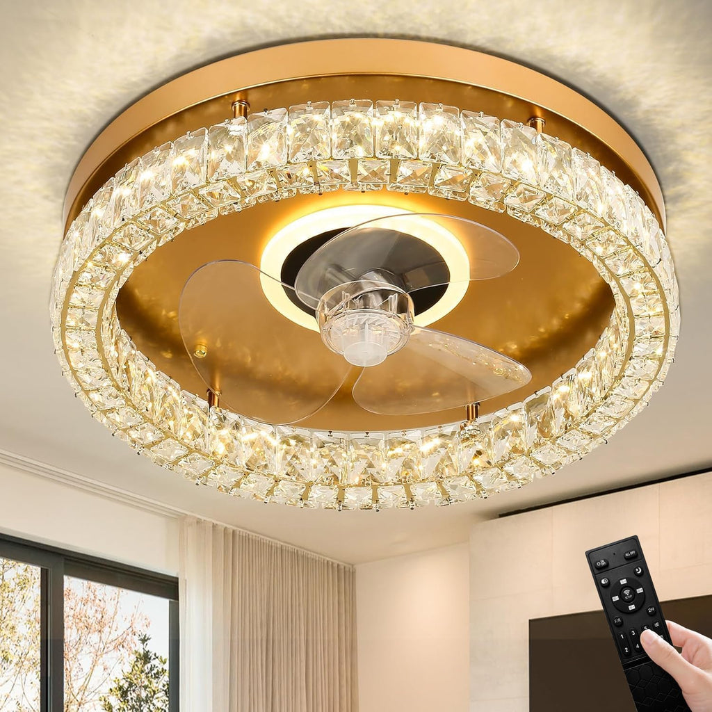 CLAIRDAI Crystal Ceiling Fans with Lights Flush Mount Ceiling Fan with Remotel Control Dimmable LED Low Profile Ceiling Fan 6 Speeds Reversible Blades Timing with Remote Control Gold