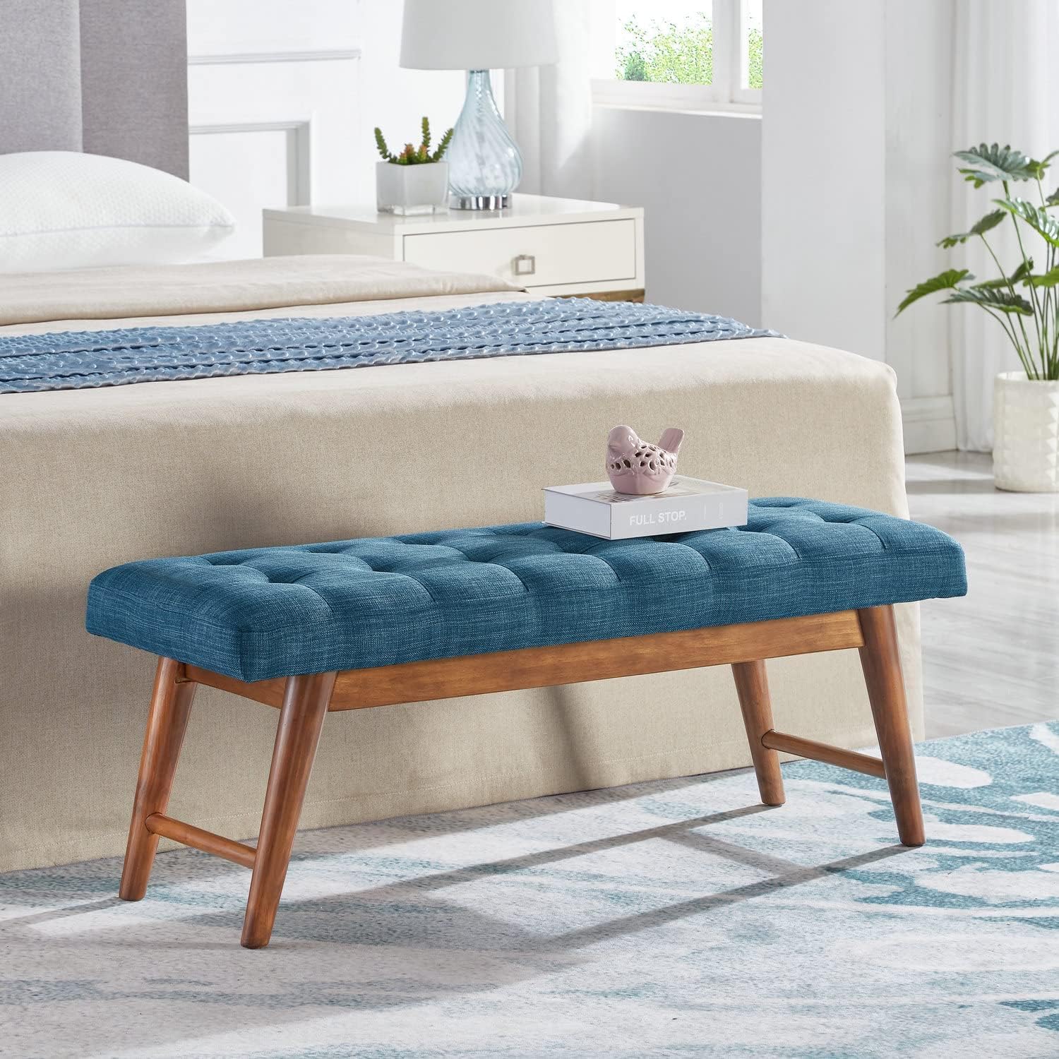Amazon Basics Modern Haraden Upholstered Button-Tufted Bench, Blue, 16 x 44 x 17 in