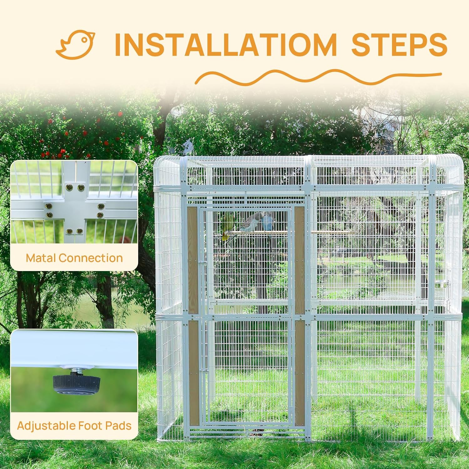 Large Walk-in Cage 87-inch Heavy Duty Bird Cage Outdoor Carbon Crystal Board Aviary Parrot Cage Wide Flight Metal Birdcage for Macaw Budgie Conure Lovebird Parakeet Cockatiel, 7.22x5.25x6.8ft, White