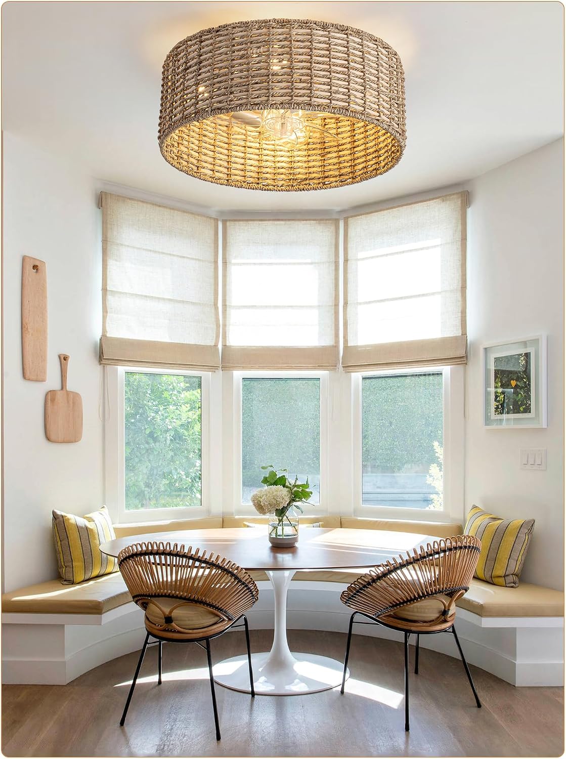 Handwoven Boho Rattan Ceiling Fan with Light,Flush Mount Caged Ceiling Fans with Lights and Remote Control,Low Profile Enclosed 6 Speeds Fandelier for Bedroom Living Dining Room,4-Light