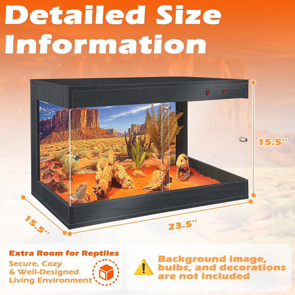 ROYXEN Reptile Tank, 30 Gallons Reptile Enclosure with Lockable Design, Tempered Glass Bearded Dragon Tank for Lizard Habitat, Soild Wood Built-in Sockets (Black, 24'x16'x15.5')