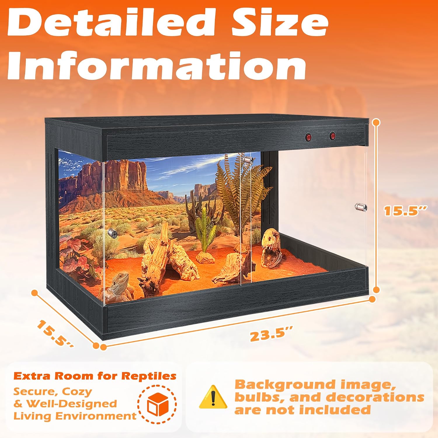 ROYXEN Reptile Tank, 30 Gallons Reptile Enclosure with Lockable Design, Tempered Glass Bearded Dragon Tank for Lizard Habitat, Soild Wood Built-in Sockets (Black, 24'x16'x15.5')