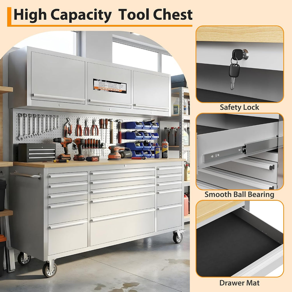 72-inch Rolling Tool Chest, 15 Drawers Garage Workbench Storage Tool Cabinet with Lock Key, Heavy Duty Rolling Cabinet with Solid Rubber Wood Top, Load Mobile Workstation for Warehouse, Repair Shop