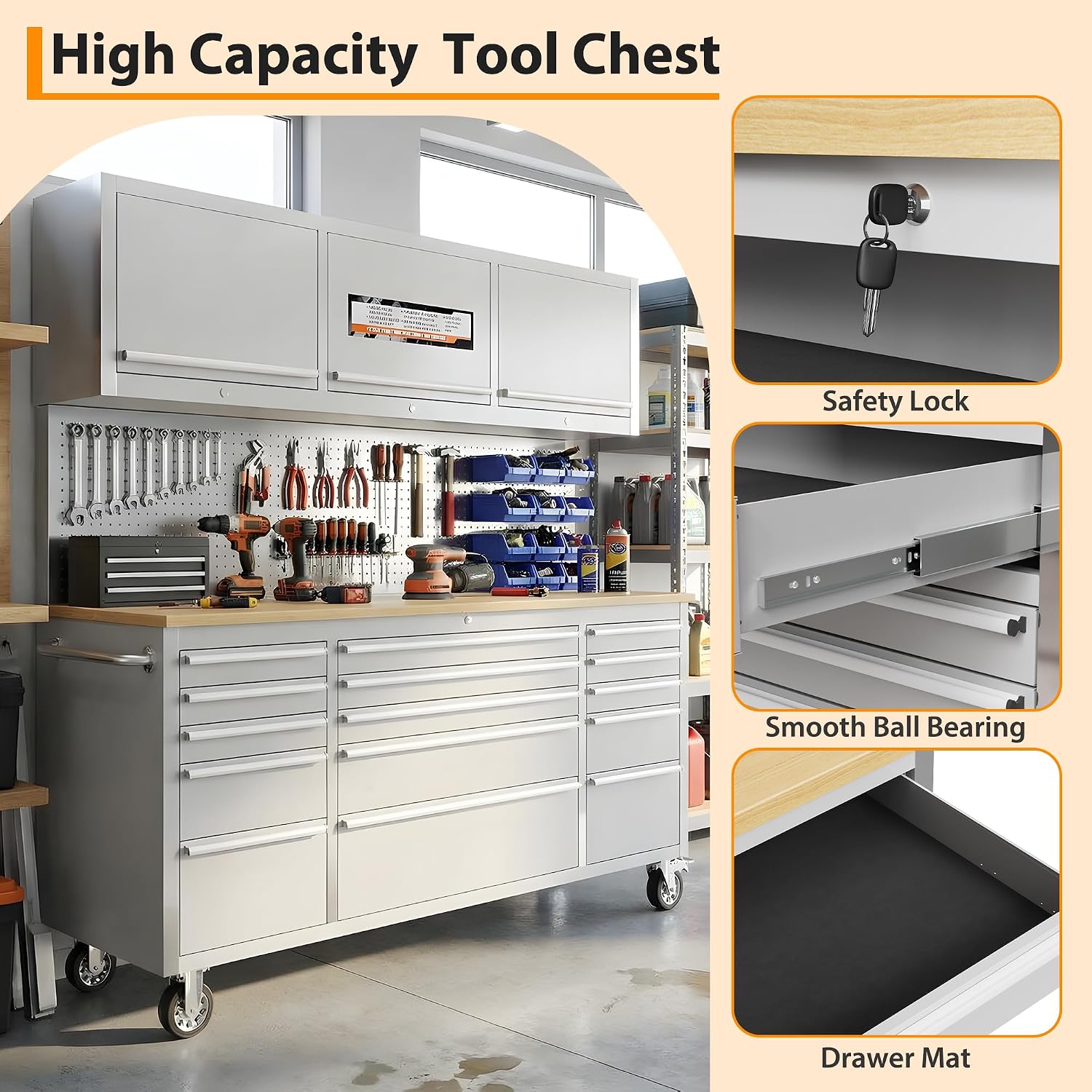 72-inch Rolling Tool Chest, 15 Drawers Garage Workbench Storage Tool Cabinet with Lock Key, Heavy Duty Rolling Cabinet with Solid Rubber Wood Top, Load Mobile Workstation for Warehouse, Repair Shop